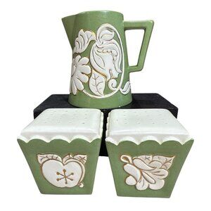 Vintage 60's? 1968? 3D Ceramic Green & White Floral Fruits Salt & Pepper Creamer
